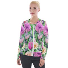 Classic Watercolor Flowers Velvet Zip Up Jacket by GardenOfOphir