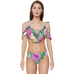 Classic Watercolor Flowers Ruffle Edge Tie Up Bikini Set	 by GardenOfOphir