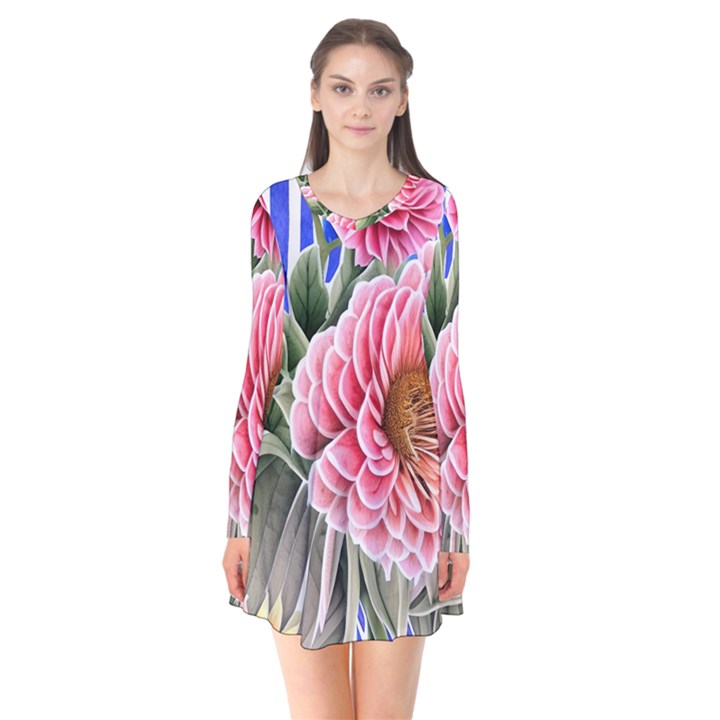 Choice Watercolor Flowers Long Sleeve V-neck Flare Dress