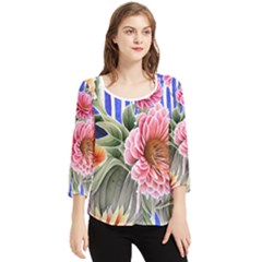 Choice Watercolor Flowers Chiffon Quarter Sleeve Blouse by GardenOfOphir