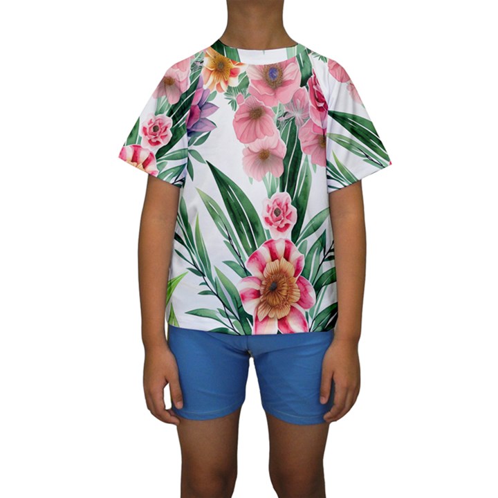 Chic Watercolor Flowers Kids  Short Sleeve Swimwear