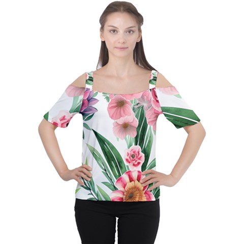 Chic Watercolor Flowers Cutout Shoulder Tee by GardenOfOphir