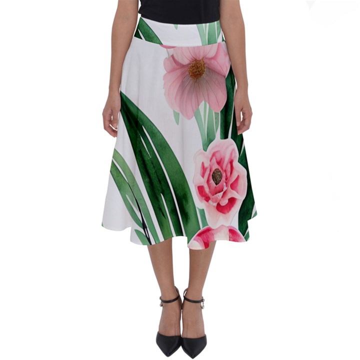 Chic Watercolor Flowers Perfect Length Midi Skirt