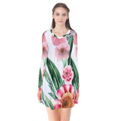 Chic Watercolor Flowers Long Sleeve V-neck Flare Dress by GardenOfOphir