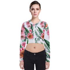 Chic Watercolor Flowers Long Sleeve Zip Up Bomber Jacket by GardenOfOphir