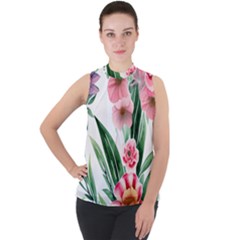 Chic Watercolor Flowers Mock Neck Chiffon Sleeveless Top by GardenOfOphir