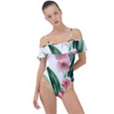 Chic Watercolor Flowers Frill Detail One Piece Swimsuit View1