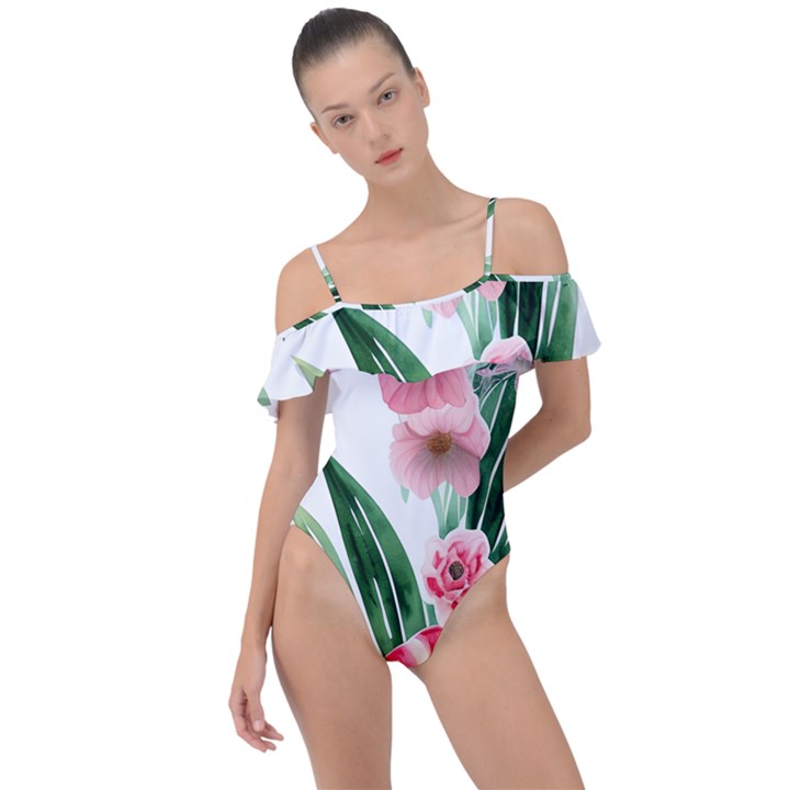 Chic Watercolor Flowers Frill Detail One Piece Swimsuit