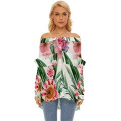 Chic Watercolor Flowers Off Shoulder Chiffon Pocket Shirt