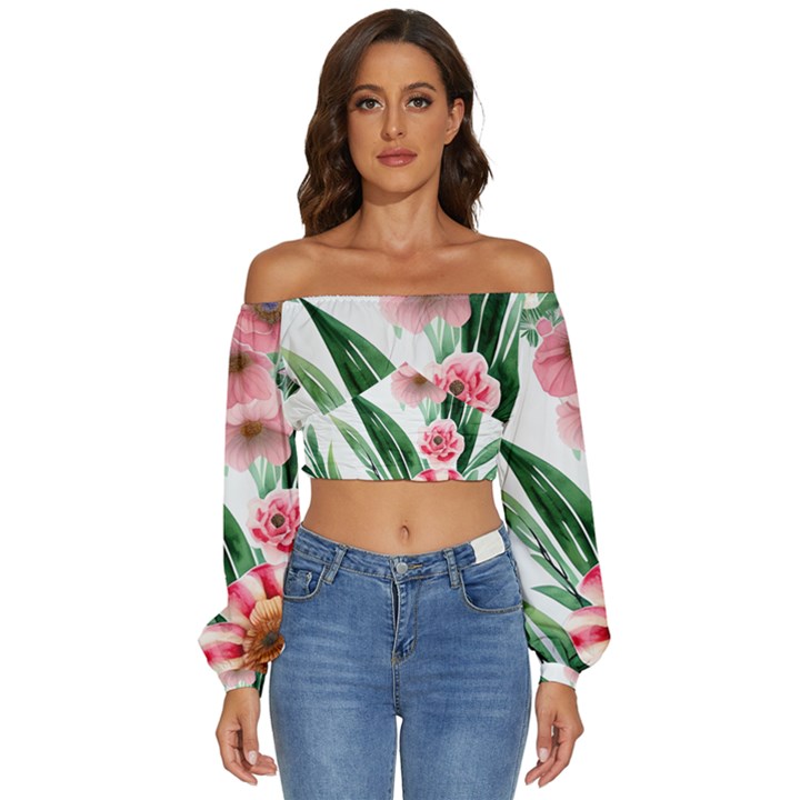 Chic Watercolor Flowers Long Sleeve Crinkled Weave Crop Top