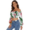 Chic Watercolor Flowers Long Sleeve Crinkled Weave Crop Top View2