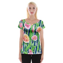 Dazzling Watercolor Flowers Cap Sleeve Top by GardenOfOphir