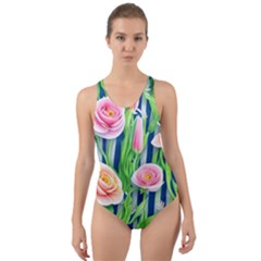 Dazzling Watercolor Flowers Cut-out Back One Piece Swimsuit by GardenOfOphir