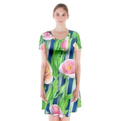 Dazzling Watercolor Flowers Short Sleeve V-neck Flare Dress by GardenOfOphir