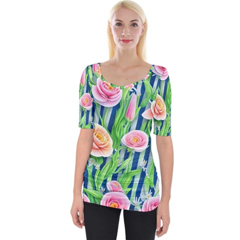 Dazzling Watercolor Flowers Wide Neckline Tee by GardenOfOphir