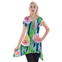 Dazzling Watercolor Flowers Short Sleeve Side Drop Tunic by GardenOfOphir