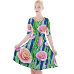 Dazzling Watercolor Flowers Quarter Sleeve A-line Dress by GardenOfOphir