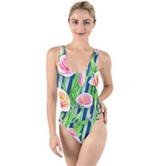 Dazzling Watercolor Flowers High Leg Strappy Swimsuit by GardenOfOphir