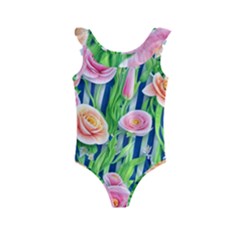 Dazzling Watercolor Flowers Kids  Frill Swimsuit by GardenOfOphir