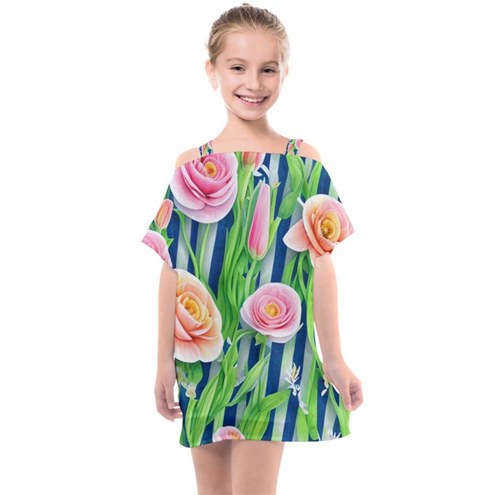 Dazzling Watercolor Flowers Kids  One Piece Chiffon Dress