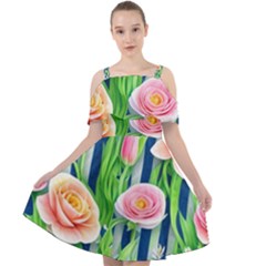 Dazzling Watercolor Flowers Cut Out Shoulders Chiffon Dress by GardenOfOphir