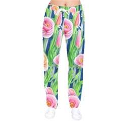 Dazzling Watercolor Flowers Women Velvet Drawstring Pants by GardenOfOphir