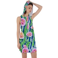 Dazzling Watercolor Flowers Racer Back Hoodie Dress by GardenOfOphir