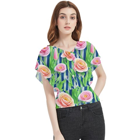 Dazzling Watercolor Flowers Butterfly Chiffon Blouse by GardenOfOphir