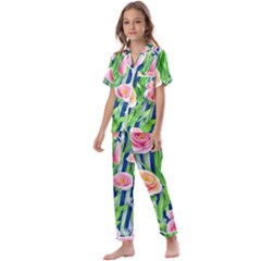 Dazzling Watercolor Flowers Kids  Satin Short Sleeve Pajamas Set by GardenOfOphir