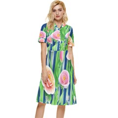 Dazzling Watercolor Flowers Button Top Knee Length Dress by GardenOfOphir