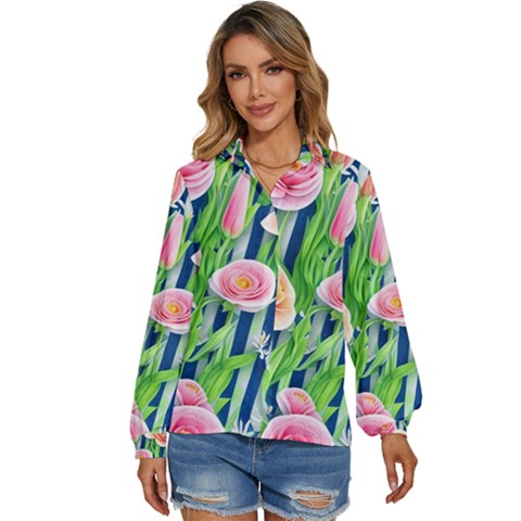 Dazzling Watercolor Flowers Women s Long Sleeve Button Down Shirt by GardenOfOphir