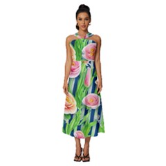 Dazzling Watercolor Flowers Sleeveless Cross Front Cocktail Midi Chiffon Dress by GardenOfOphir