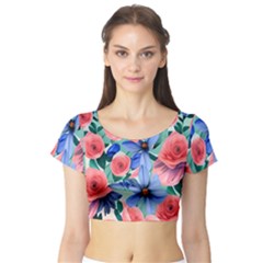 Classy Watercolor Flowers Short Sleeve Crop Top by GardenOfOphir