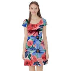 Classy Watercolor Flowers Short Sleeve Skater Dress by GardenOfOphir