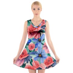 Classy Watercolor Flowers V-neck Sleeveless Dress by GardenOfOphir