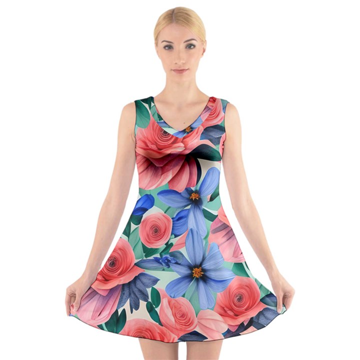 Classy Watercolor Flowers V-Neck Sleeveless Dress