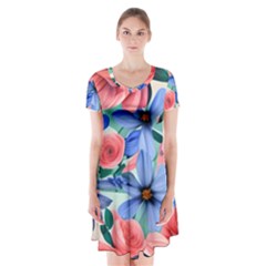 Classy Watercolor Flowers Short Sleeve V-neck Flare Dress by GardenOfOphir