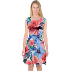 Classy Watercolor Flowers Capsleeve Midi Dress by GardenOfOphir