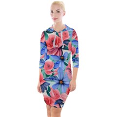 Classy Watercolor Flowers Quarter Sleeve Hood Bodycon Dress by GardenOfOphir