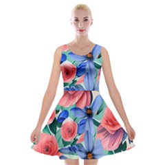 Classy Watercolor Flowers Velvet Skater Dress by GardenOfOphir