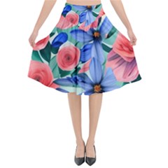 Classy Watercolor Flowers Flared Midi Skirt by GardenOfOphir