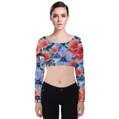 Classy Watercolor Flowers Velvet Long Sleeve Crop Top by GardenOfOphir