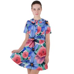 Classy Watercolor Flowers Short Sleeve Shoulder Cut Out Dress  by GardenOfOphir