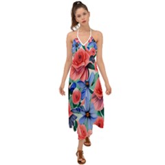 Classy Watercolor Flowers Halter Tie Back Dress  by GardenOfOphir