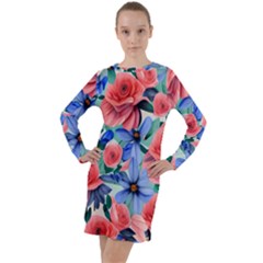 Classy Watercolor Flowers Long Sleeve Hoodie Dress by GardenOfOphir