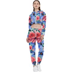 Classy Watercolor Flowers Cropped Zip Up Lounge Set by GardenOfOphir