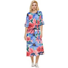 Classy Watercolor Flowers Double Cuff Midi Dress by GardenOfOphir