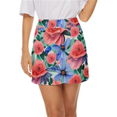 Classy Watercolor Flowers Mini Front Wrap Skirt by GardenOfOphir