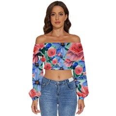 Classy Watercolor Flowers Long Sleeve Crinkled Weave Crop Top by GardenOfOphir