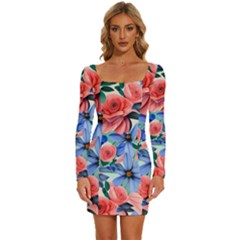 Classy Watercolor Flowers Long Sleeve Square Neck Bodycon Velvet Dress by GardenOfOphir